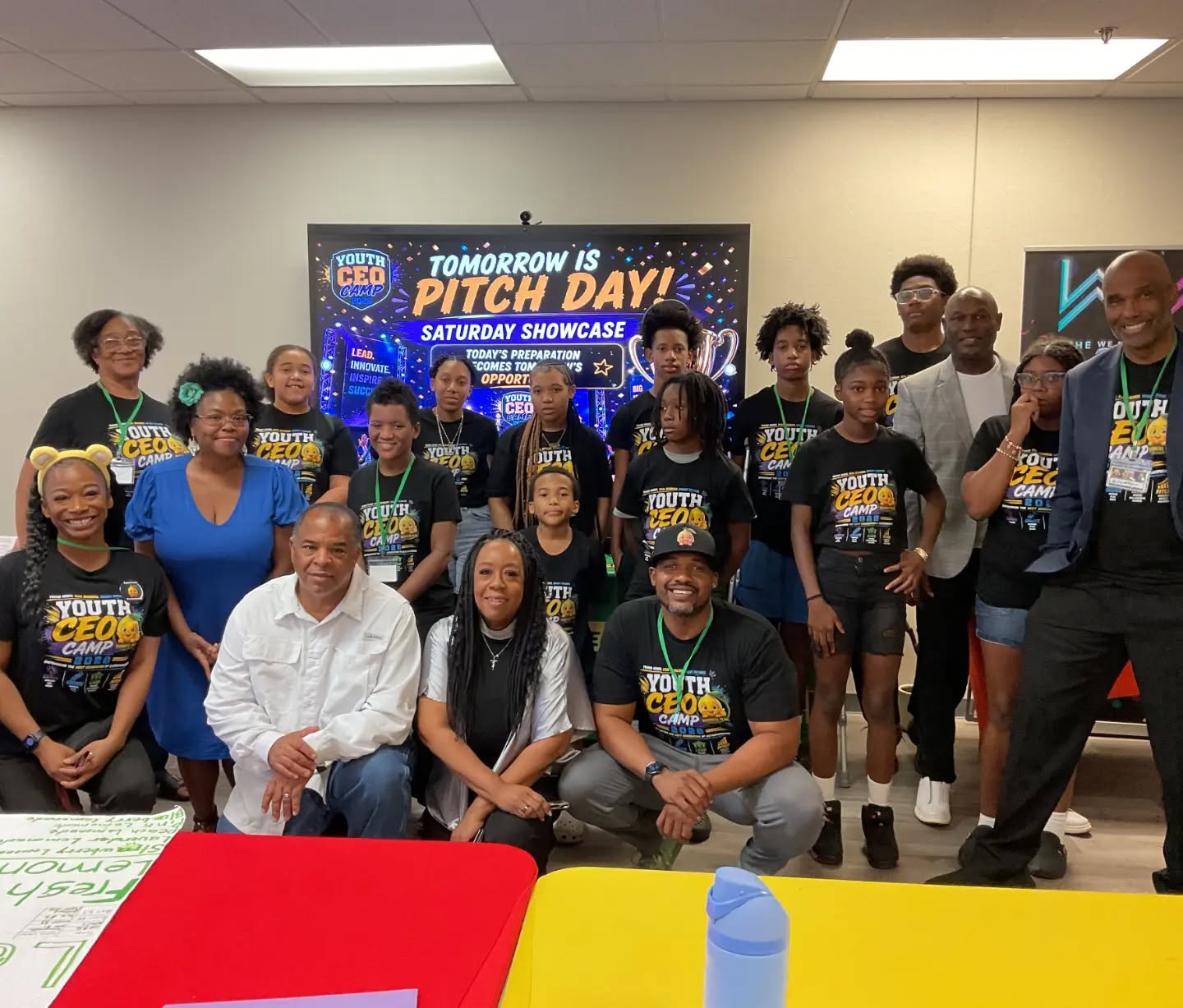 Full Youth CEO Camp 2026 cohort with coaches and mentors on the eve of Pitch Day — 'Tomorrow is Pitch Day' Saturday Showcase